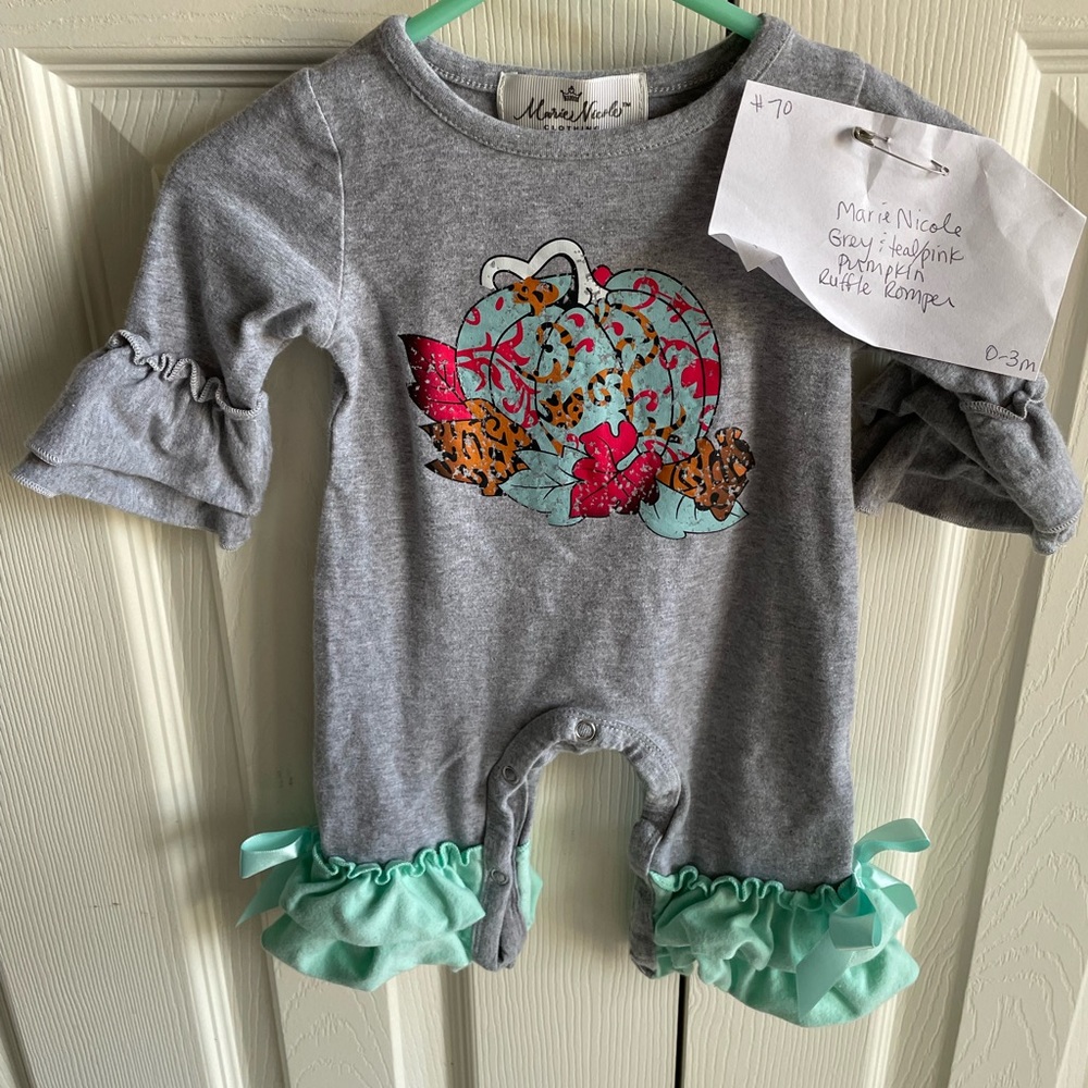 Marie Nicole 0-3m GUC pumpkin ruffle romper